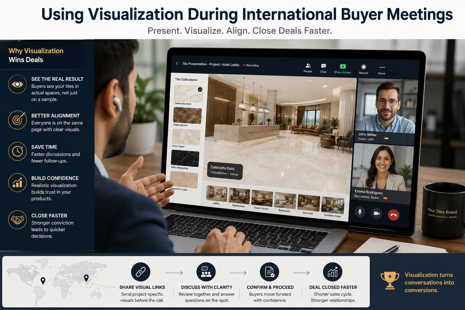 Tile exporter presenting room visualizations to international buyers during a remote B2B sales meeting.