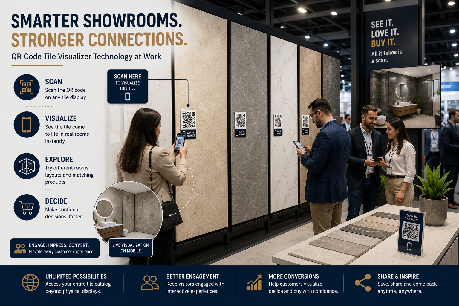 Smart showroom exhibition stand using QR code tile visualizer technology.
