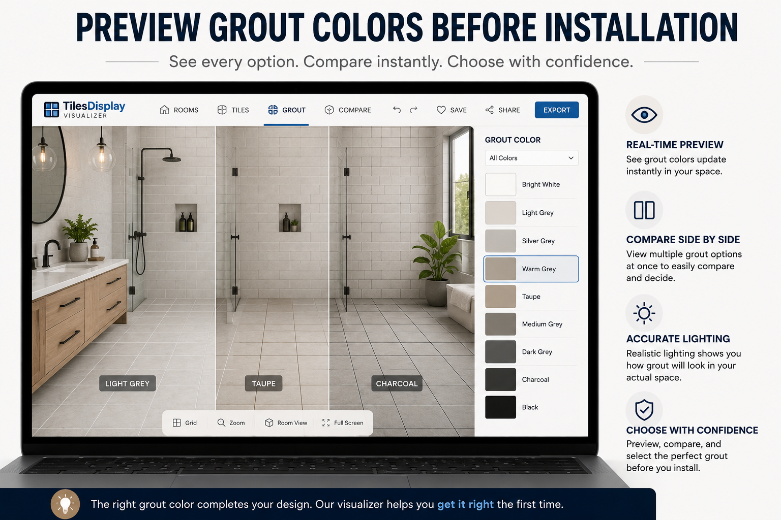 Tile visualizer showing grout color options and real-time comparison before tile installation.