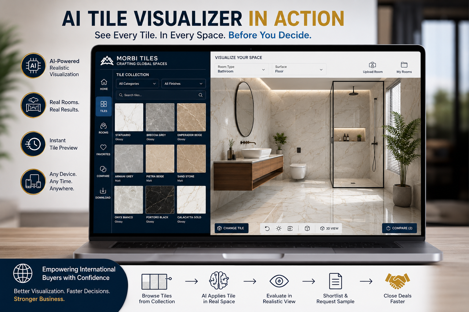 AI tile visualizer showing Morbi vitrified tiles in realistic room environments