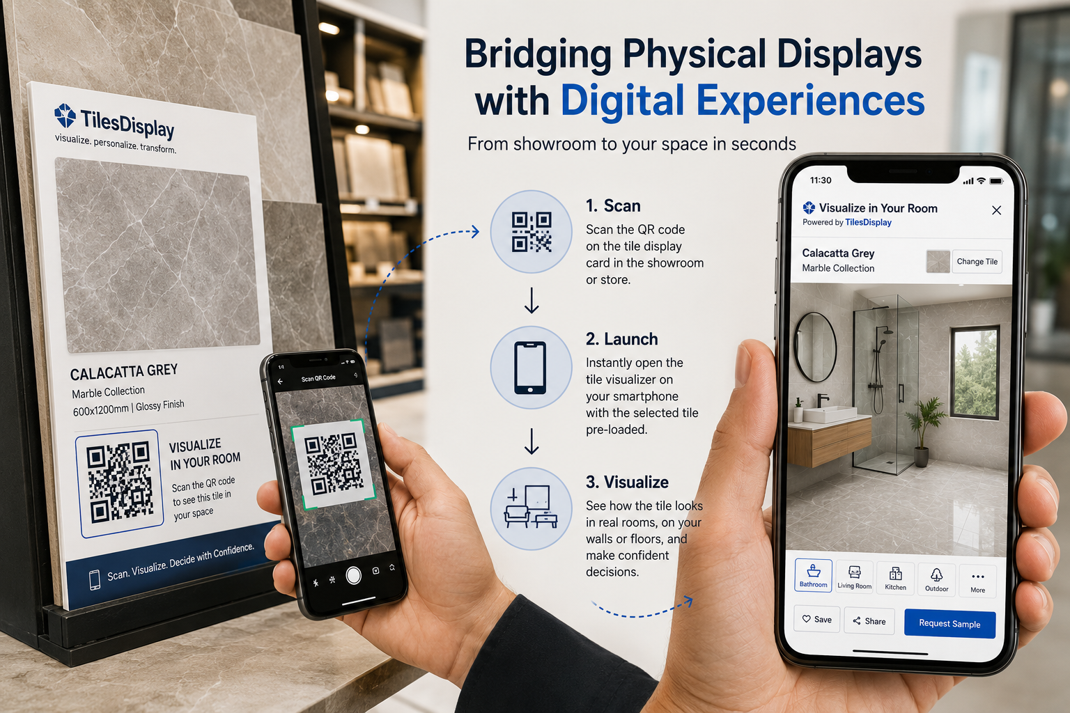Customer scanning a tile display QR code to launch a tile visualizer on a smartphone.