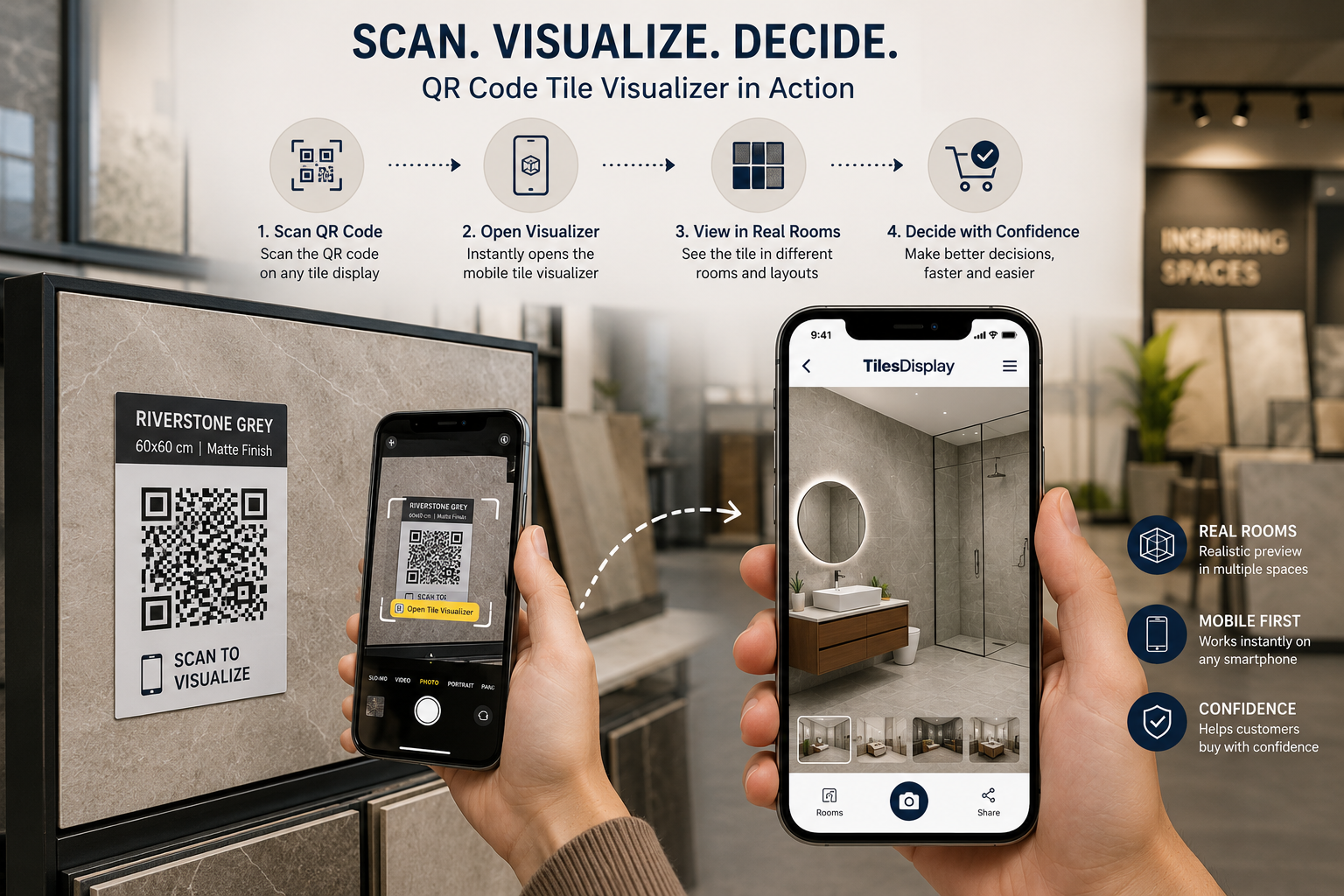 Customer using QR code tile visualizer in a tile showroom to preview tiles on a smartphone.