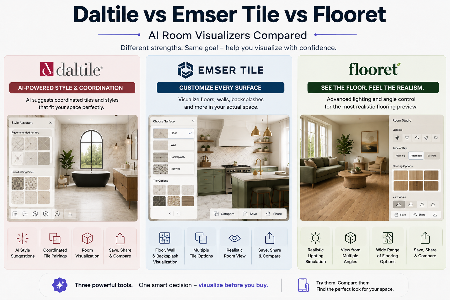 Comparison of Daltile, Emser Tile and Flooret AI room visualization tools