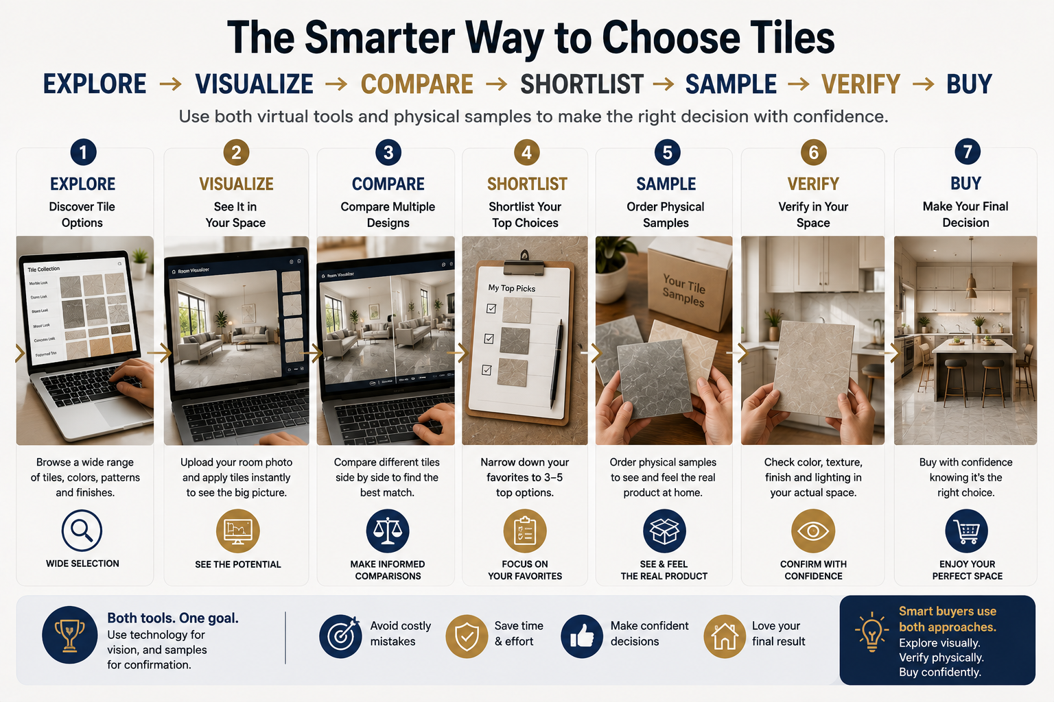 Tile buying process from virtual visualization to physical tile samples