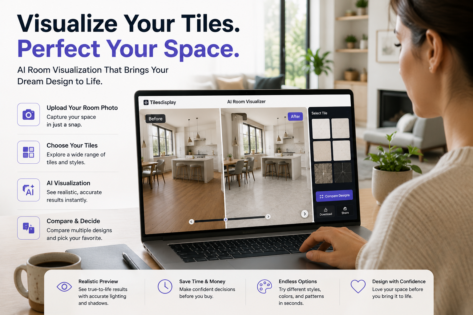 Homeowner using an AI room design tool to visualize tile options