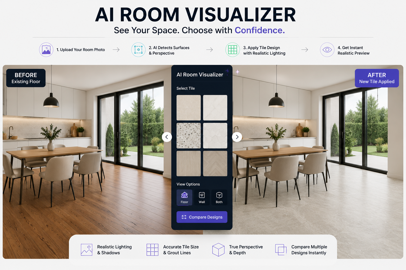 AI room visualizer showing before and after tile design transformation