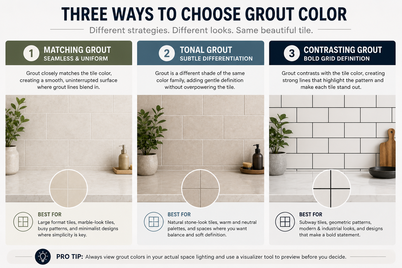 Infographic showing matching, tonal and contrasting grout color strategies for tile installations.