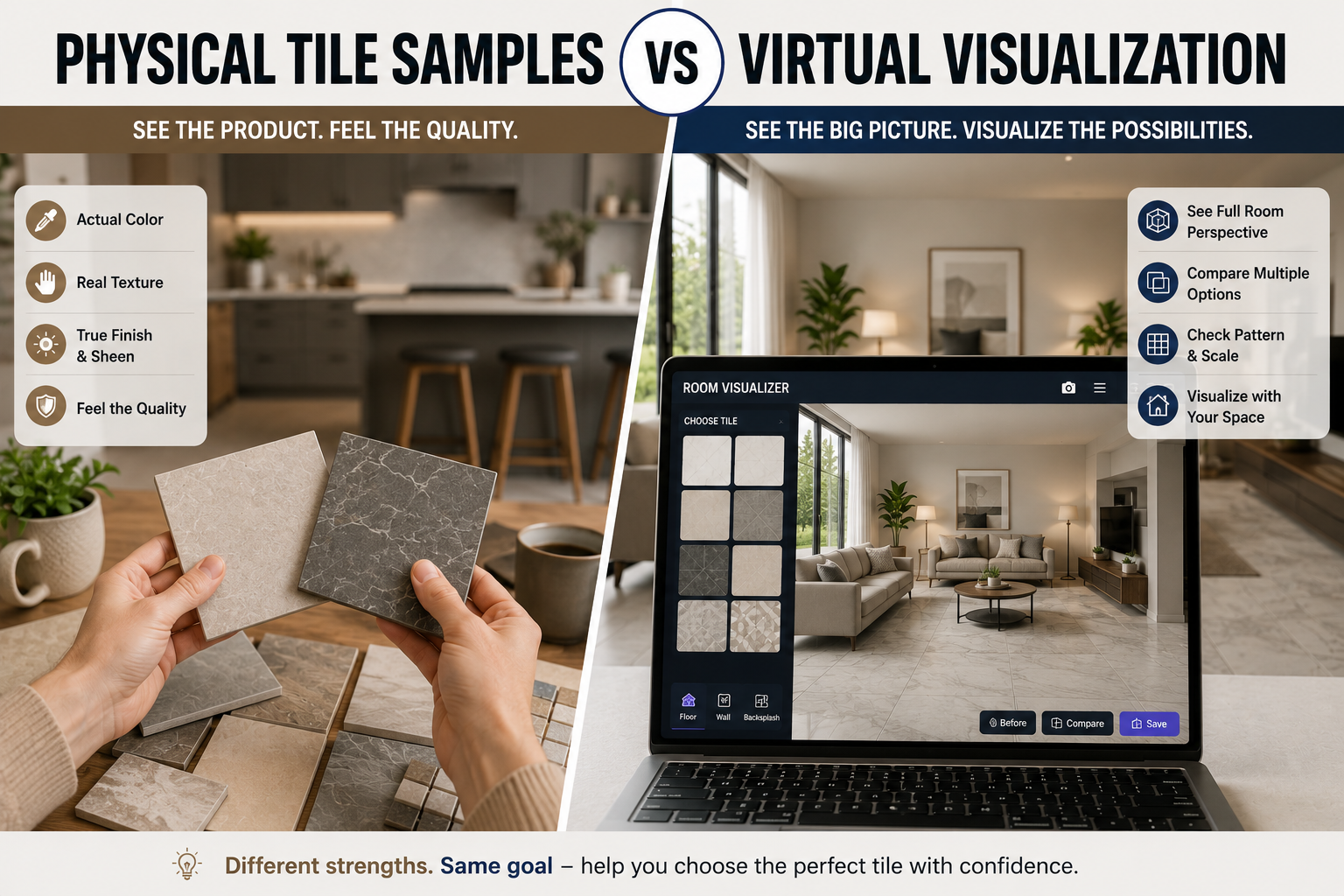 Physical tile samples vs virtual room visualization for choosing tiles
