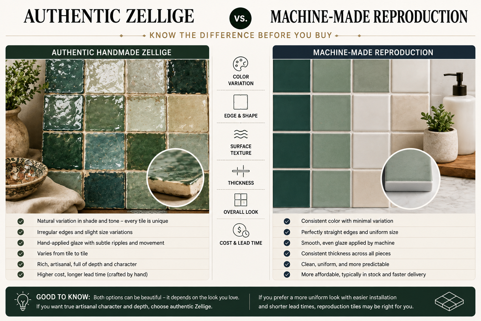 Authentic handmade Zellige tiles compared with machine-made Zellige reproductions