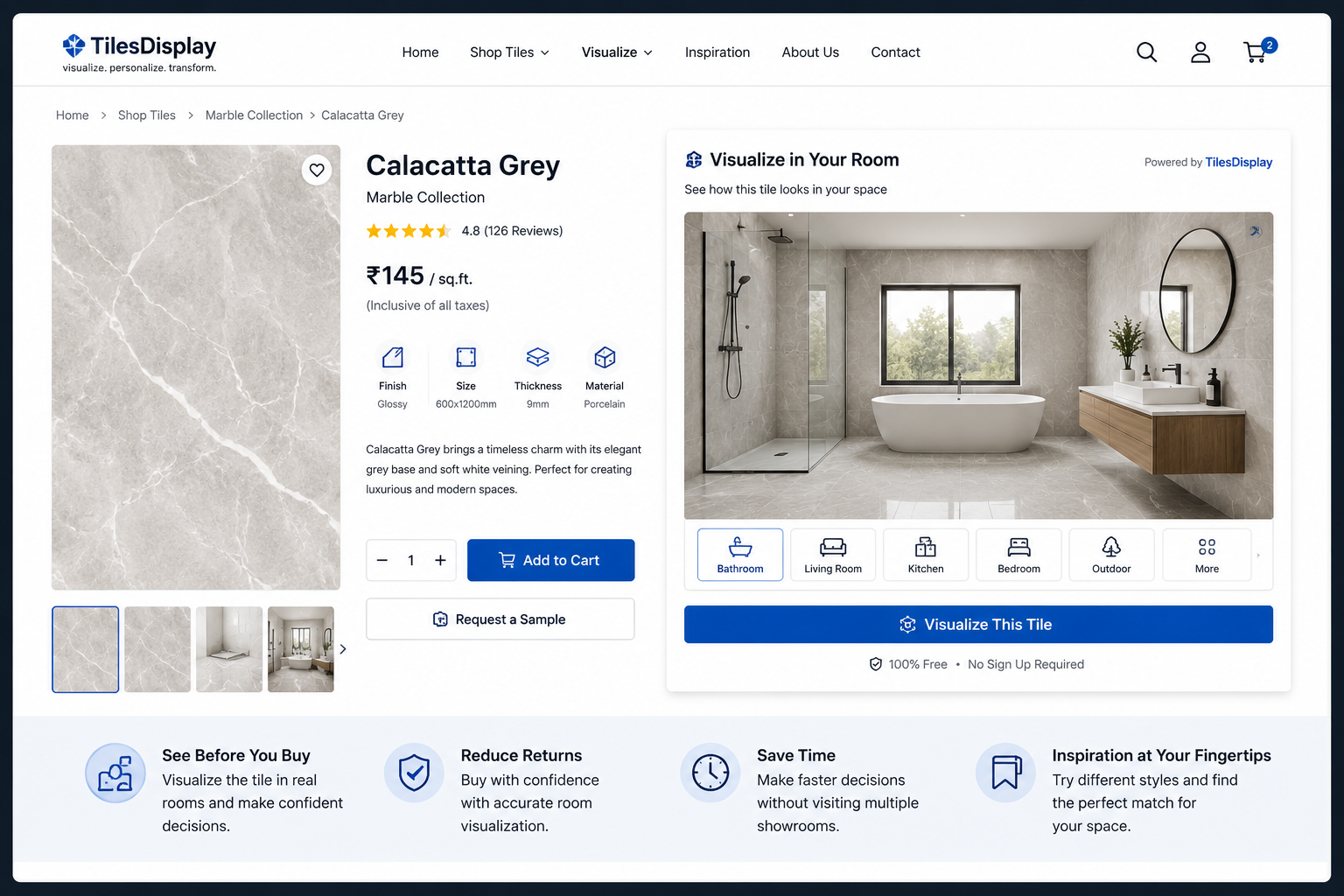 Tile visualizer embedded on a website product page showing bathroom tile preview.
