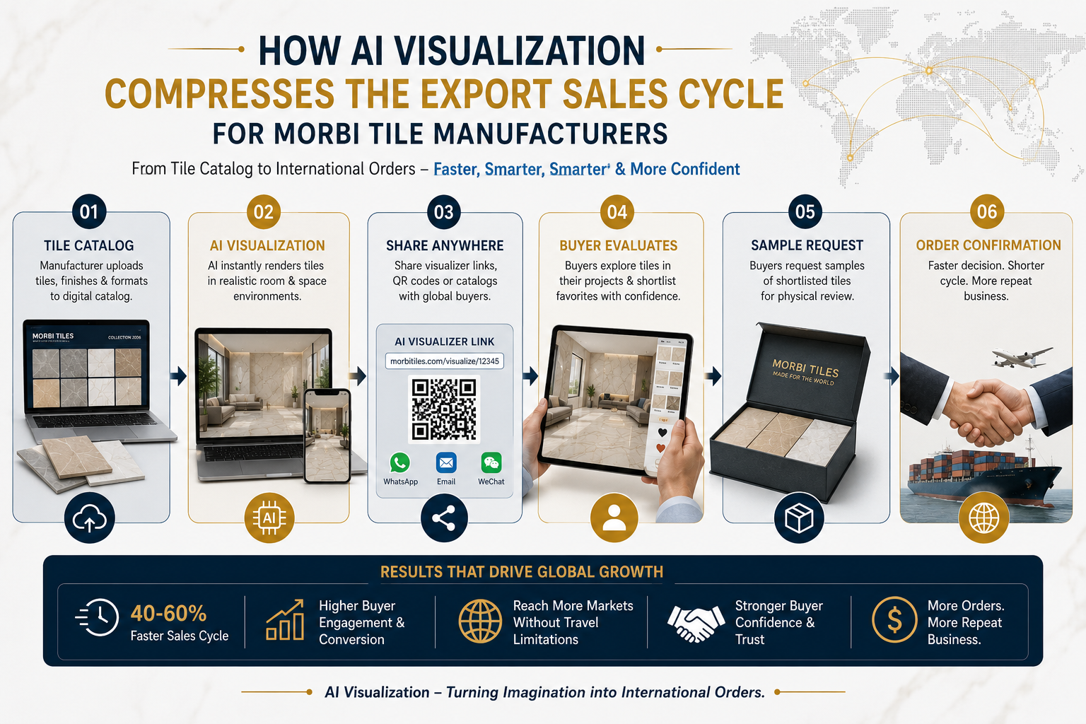 Tile export business workflow using AI visualization from catalog to international buyer