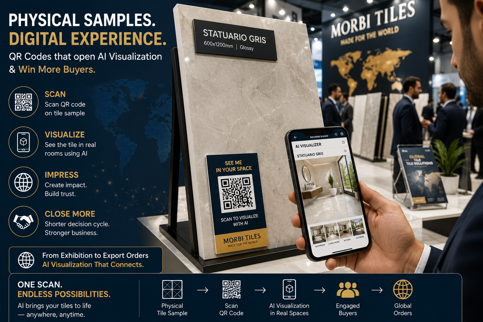 AI tile visualizer showing Morbi vitrified tiles in realistic room environments