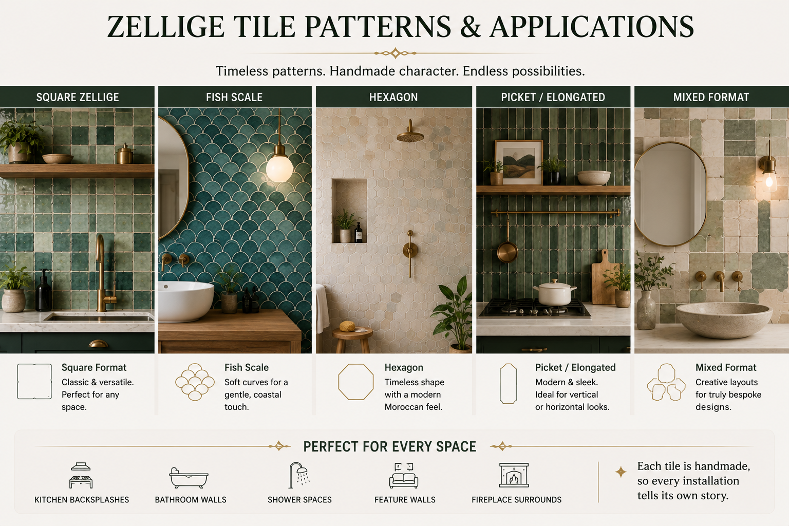 Zellige tile patterns used in kitchen and bathroom interior designs