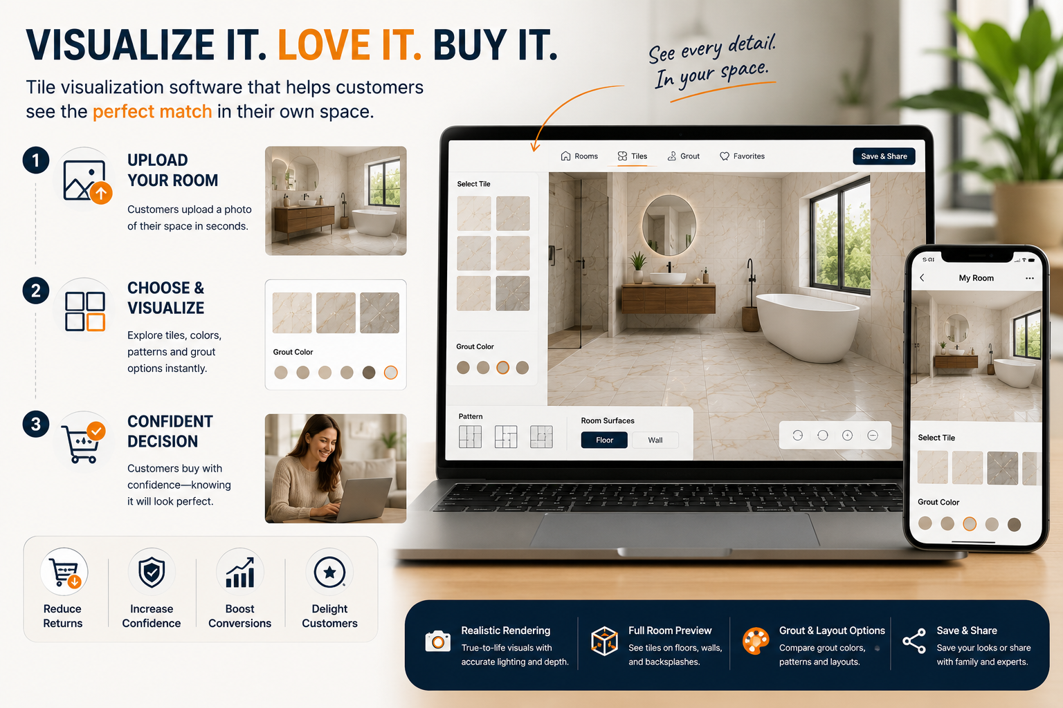 Customers can preview tiles in their own room before purchasing.