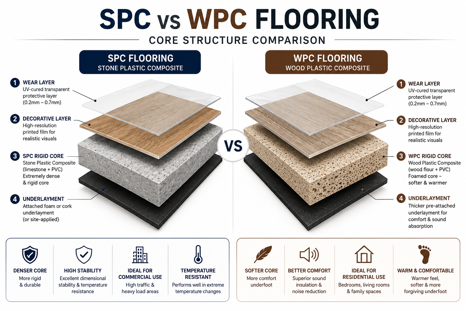 SPC vs WPC flooring cross-section comparison showing rigid core construction layers and material differences.