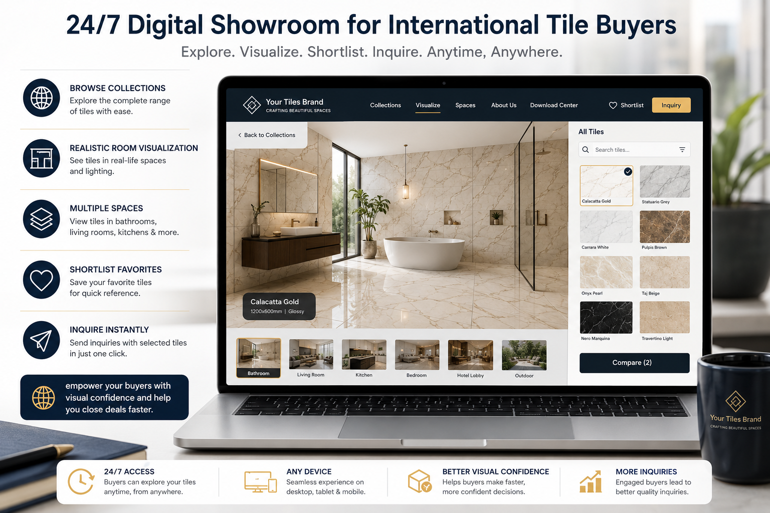 Virtual showroom software allowing tile importers to browse collections in realistic room environments.