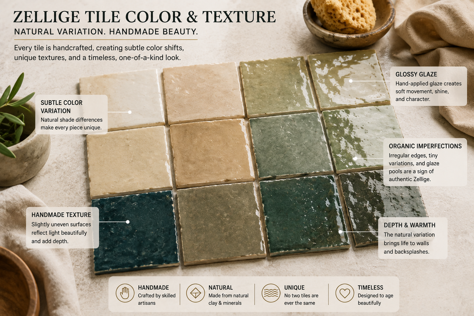 Zellige tiles showing natural color variation and handmade texture